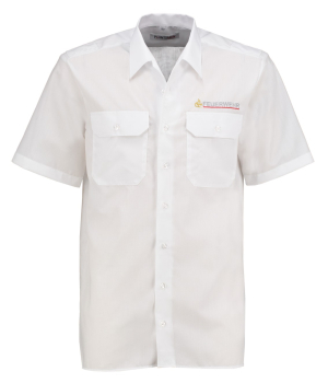 Das weiße kurzarm Feuerwehr Diensthemd ist tailliert geschnitten, bestickt mit Sauferlöwe+Stick Feuerwehr